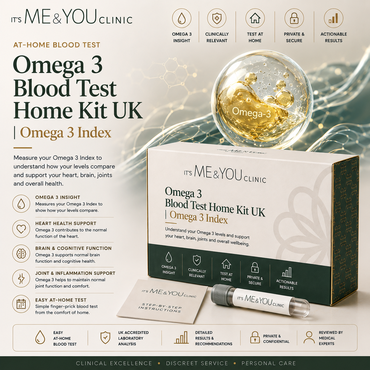 Its ME & YOU Clinic Omega 3 Blood Test Home Kit UK, featuring a white and dark green box, a white sample collection tube with a gold cap, and an instruction card on a dark green background with infographic elements.
