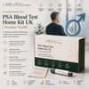 Promotional graphic for the Its ME & YOU Clinic PSA Blood Test Home Kit UK. The kit includes a large white box with dark green and gold branding, a clear plastic test cup, and a small applicator.