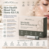 Promotional graphic for the MS & YOU Clinic Skin Health Blood Test Home Kit UK, featuring a close-up of a woman's face, icons detailing the test benefits, a diagram of the test kit components, and a blood test tube.