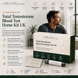 Promotional graphic for the 'Its ME & YOU Clinic' Total Testosterone Blood Test Home Kit UK. The design features a male model in a gym setting next to a dark green and white kit box, with various feature callouts and trust badges arranged around the central image.