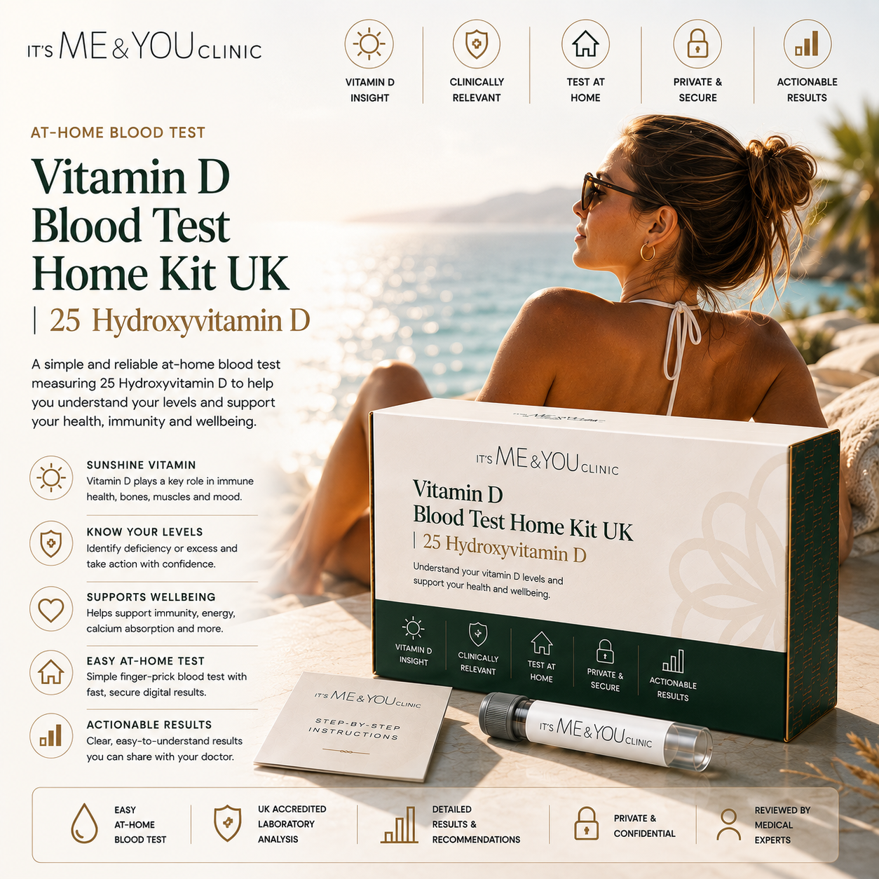 Promotional graphic for the Its ME & You Clinic Vitamin D Blood Test Home Kit UK. The kit includes a white and dark green box, a matching test tube, and a test strip, displayed alongside a woman in a beach setting.