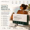 Promotional graphic for the Its ME & You Clinic Vitamin D Blood Test Home Kit UK. The kit includes a white and dark green box, a matching test tube, and a test strip, displayed alongside a woman in a beach setting.