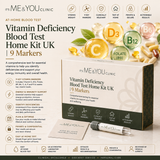 Vitamin Blood Deficiency Home Kit UK by itsME&YOU CLINIC, featuring a 19-marker comprehensive testing kit with a pen, glass vials, and a white branded box on a dark teal background with infographic callouts.
