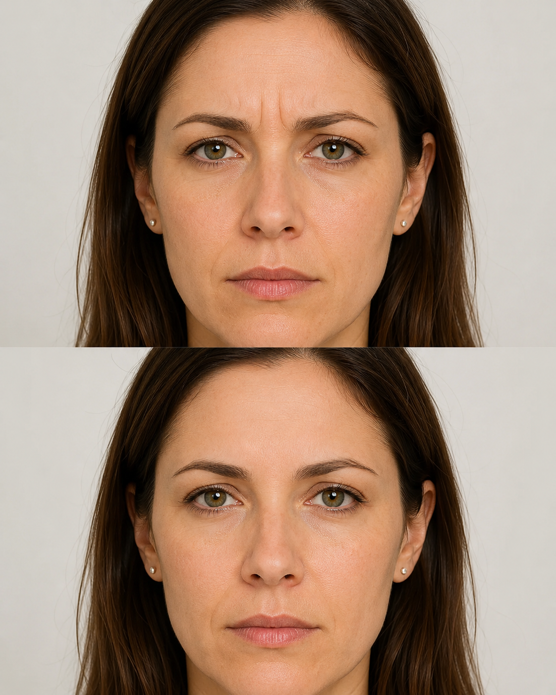 Alluzience before and after image showing softened frown lines and a smoother natural looking expression after anti wrinkle treatment in Kingston upon Thames, Surrey and London