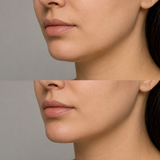 Before and after chin filler treatment showing a close up of the lower face with improved chin projection and a more defined jawline contour.