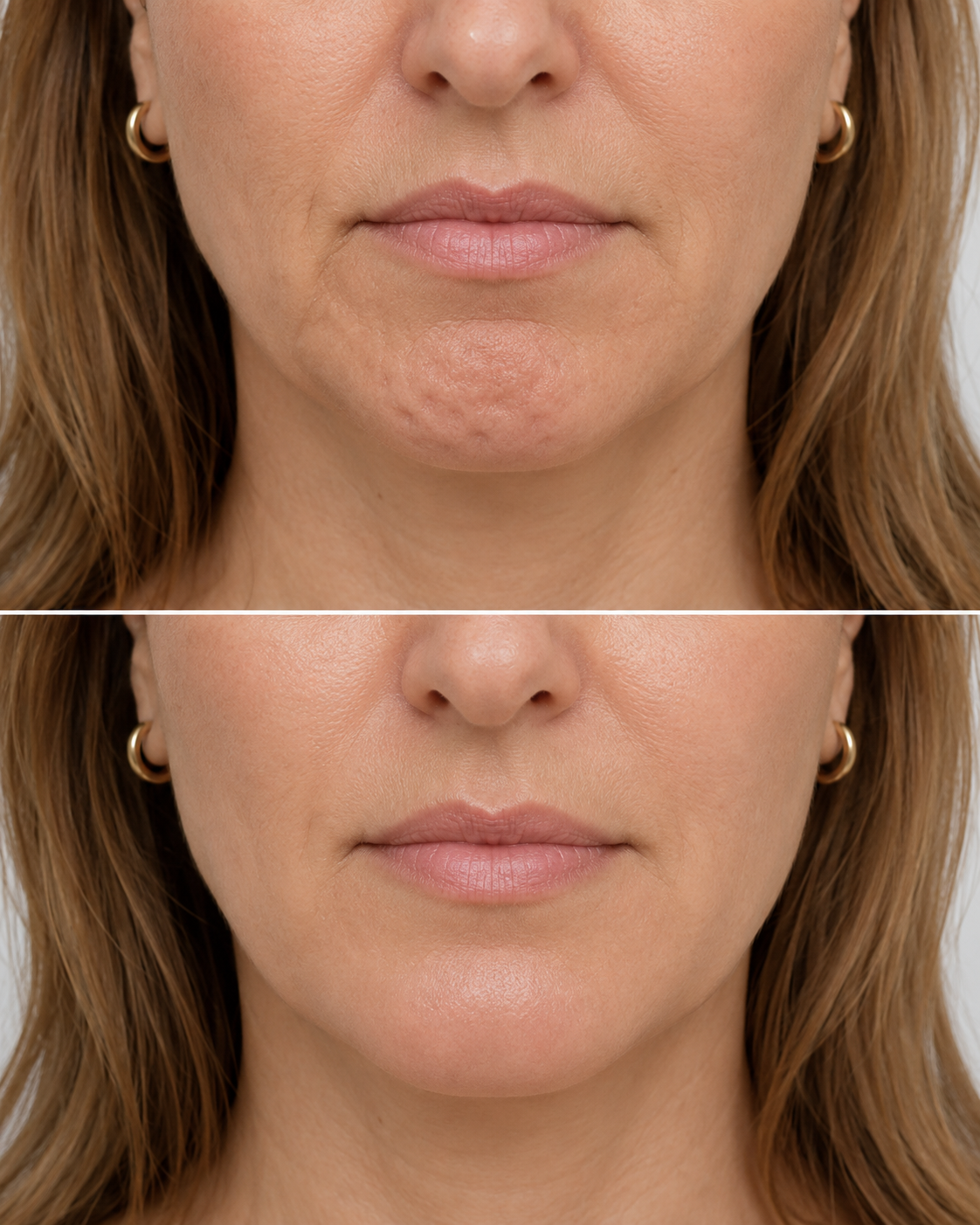 Before and after image showing dimpled chin treatment for chin dimpling, puckered chin and smoother lower face contour at It’s Me & You Skin Clinic in Kingston upon Thames, serving London and Surrey.