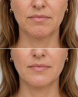 Before and after image showing dimpled chin treatment for chin dimpling, puckered chin and smoother lower face contour at It’s Me & You Skin Clinic in Kingston upon Thames, serving London and Surrey.