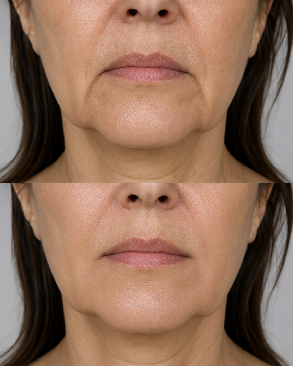Before and after marionette line filler treatment showing a close up of a different lower face with visibly softened marionette lines and a smoother mouth to chin contour.