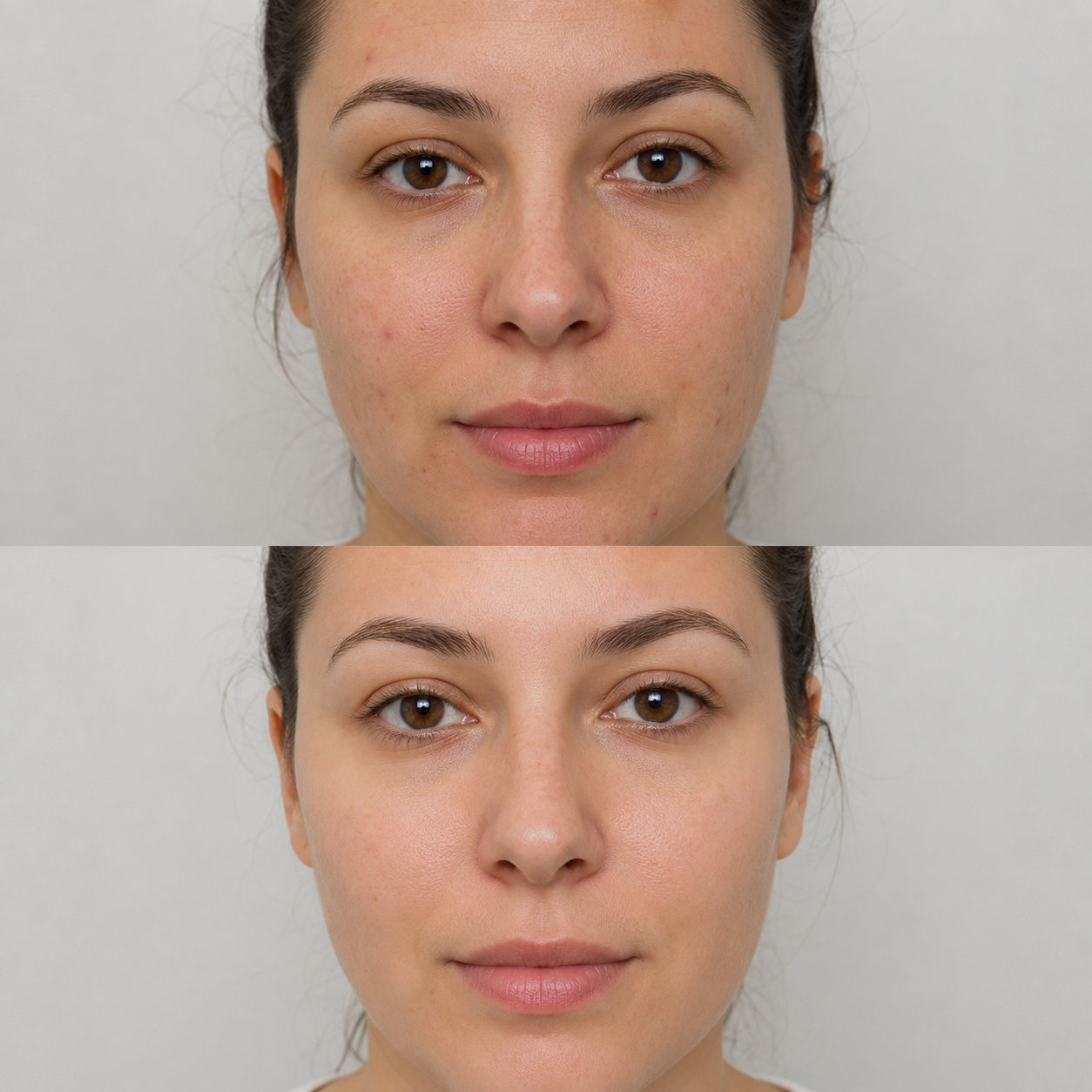Illustrative Retinol Peel before and after comparison showing reduced blemishes, smoother texture and a brighter, more even-looking complexion.
