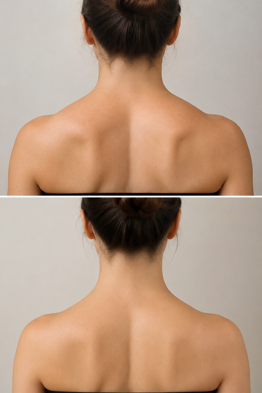 Illustrative before and after Traptox image showing a softer neck and shoulder profile for trapezius Botox in London and Surrey